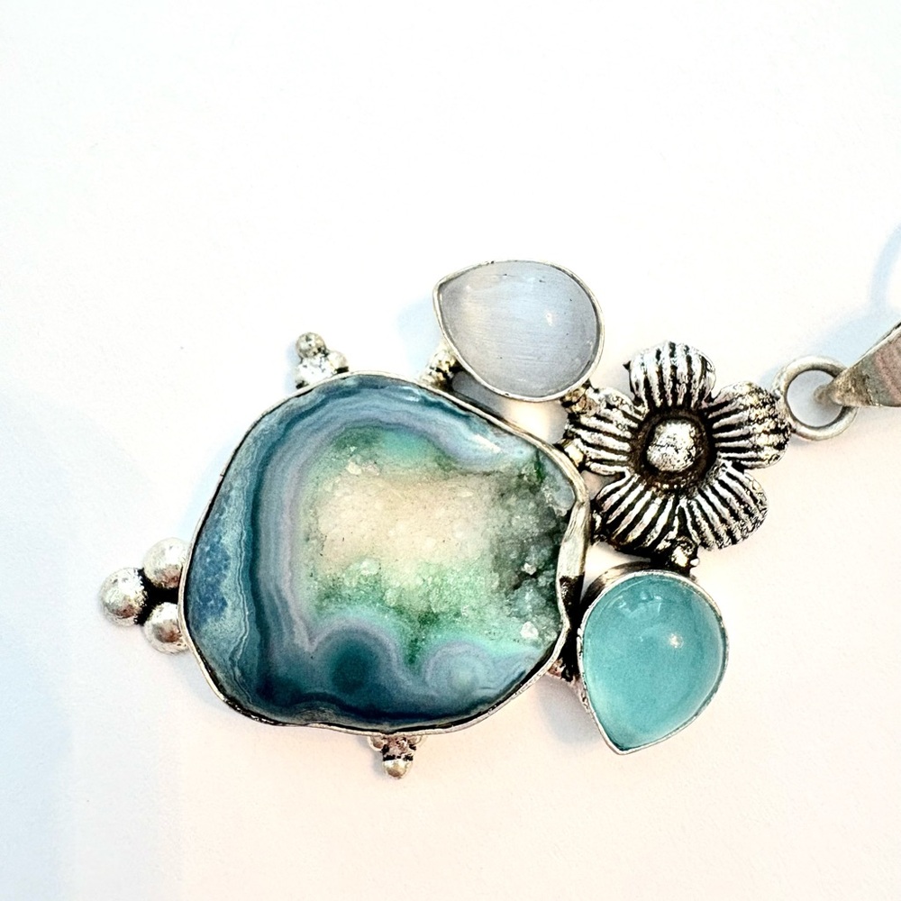 Natural, 2 inch, silver, Willow Leaf Chrysocolla pendant on a silver chain . - Picture 4 of 5